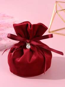 1pc Faux Pearl Decor Gift Bag, Green Pink Red Polyester Drawstring Bag For Holiday Party, Gift Packaging Bag Suitable For Packaging Watches, Jewelry, Accessories, Especially Suitable For Festivals Or Wedding Party - Green - View 6