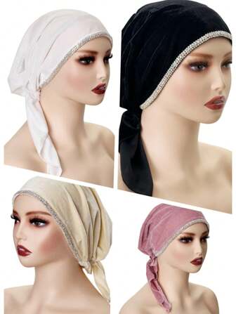 1pc Women's Autumn/Winter New Velvet Polyester Fiber Rhinestone Chain Versatile Headscarf/Bath/Sleep Cap, Luxury Fashion Design