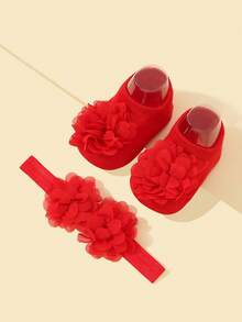 2 件套可爱花朵图案袜子和头带套装 - 适合秋季/春季的女婴！ - 紅色 - 查看 2
