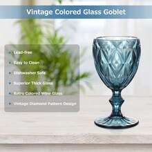 Juego de 6 copas de vino vintage, cristalería con relieve, vasos de cristal retro de 8oz para vino y agua, ideal para aniversario, fiesta, azul - Azul - Ver 3