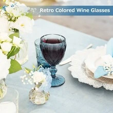 Juego de 6 copas de vino vintage, cristalería con relieve, vasos de cristal retro de 8oz para vino y agua, ideal para aniversario, fiesta, azul - Azul - Ver 7