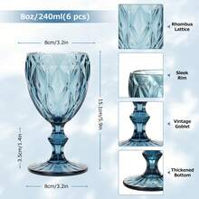 Juego de 6 copas de vino vintage, cristalería con relieve, vasos de cristal retro de 8oz para vino y agua, ideal para aniversario, fiesta, azul - Azul - Ver 5