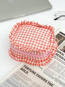 1 件/套红色小棋盘带蕾丝便携式清新化妆包，时尚休闲时尚便携式化妆包，多功能，大容量大收纳袋，可装钱包、口红、卫生巾、袋垫、硬币、钥匙、耳机、空气盒 - 紅色 - 查看 11