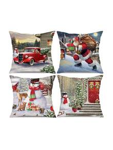 4 件套全新圣诞系列涤纶短毛绒枕套沙发垫套装 - 彩色 - 查看 4