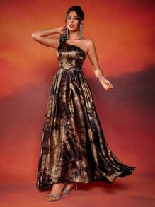 高端优雅不对称领口花卉设计露肩正式晚礼服（装饰款式）女士舞会礼服，适合婚礼嘉宾、毕业典礼、晚宴 - 彩色 - 查看 6