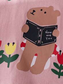 1 件休闲可爱读书泰迪熊、花朵、字母涂鸦印花柔软透气宽松圆领短袖 T 恤套头衫，适合年轻女孩，春夏季 - 粉色 - 查看 4