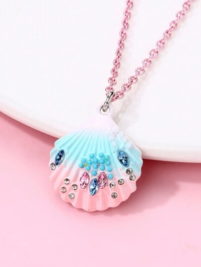 1pc Toddler Girls' Zinc Alloy Ombre Shell Painted Rhinestone Decoration Pendant Necklace, Casual Wear Jewelry