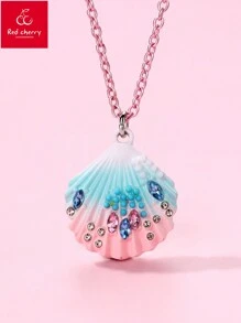 1 件幼儿女孩锌合金渐变色贝壳彩绘水钻装饰吊坠项链，休闲饰品 - 彩色 - 查看 2
