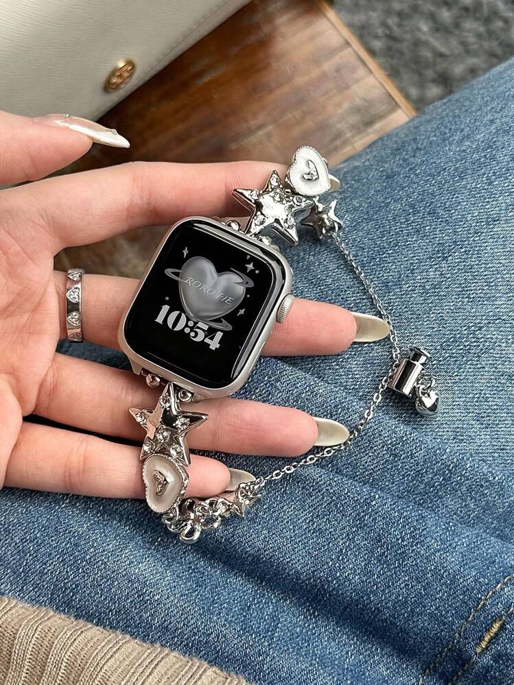 Bohemian Heart & Star Compatible With Apple Watch Band 38mm 40mm 41mm 42mm 44mm 45mm 46mm 49mm, Handmade Fashionable Replacement Strap Compatible With Apple Watch Ultra1/2/3 SE Series 11 10 9 8 7 6 5 4 3 2 1 Women Wristwatch(Only Watch Band) - Silver - View 1