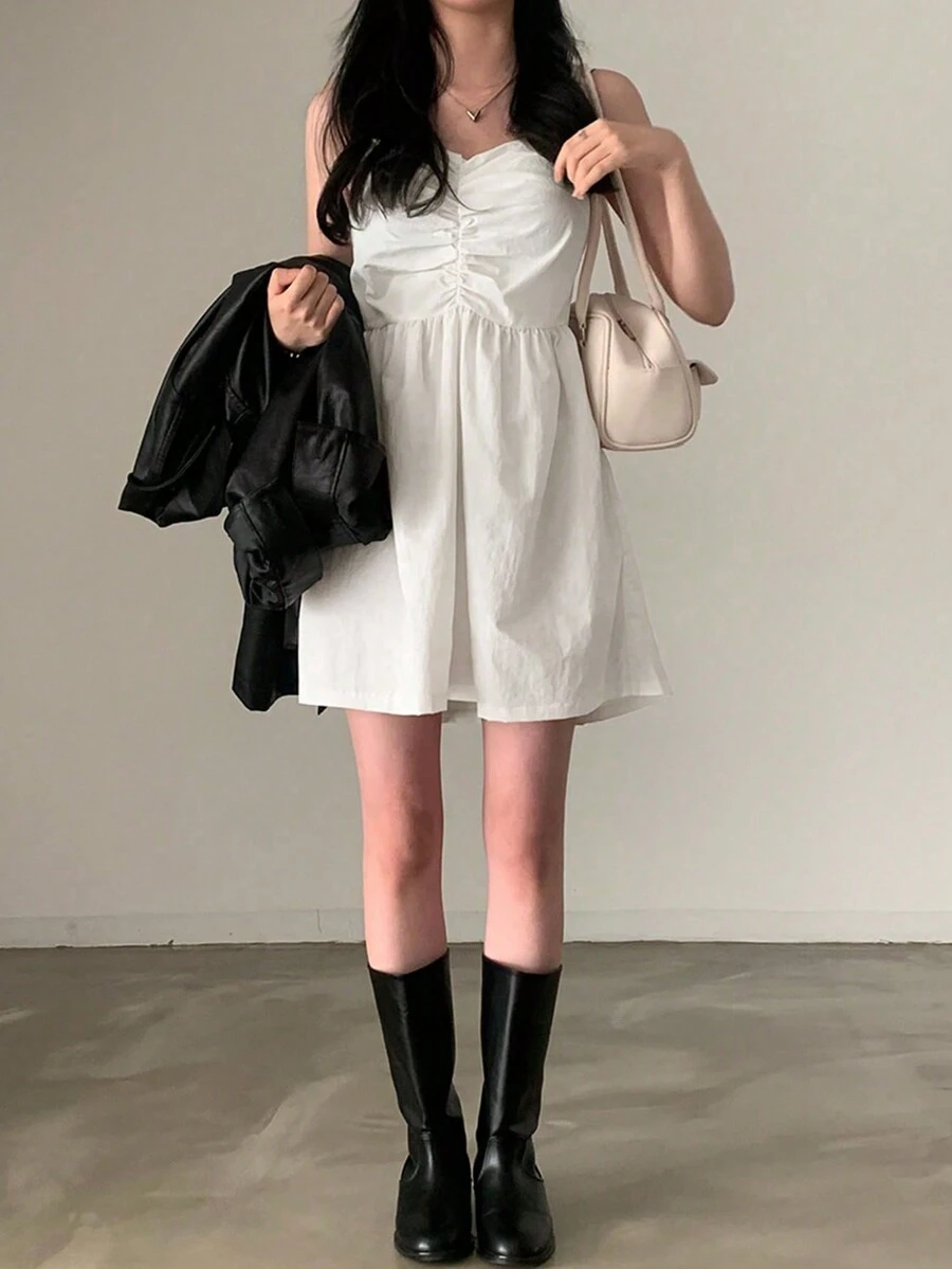 女士夏季纯色细肩带时尚百搭无袖休闲及膝连衣裙，少女吊带迷你连衣裙 - 白色 - 查看 1