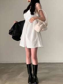 女士夏季纯色细肩带时尚百搭无袖休闲及膝连衣裙，少女吊带迷你连衣裙 - 白色 - 查看 2