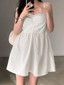 女士夏季纯色细肩带时尚百搭无袖休闲及膝连衣裙，少女吊带迷你连衣裙 - 白色 - 查看 5