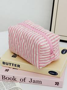 1PC Túi đựng đồ trang điểm chần bông sọc hồng đẹp, Túi đựng đồ trang điểm họa tiết sọc hai màu cổ điển, Vải lót kẻ caro màu hồng, Túi đựng đồ trang điểm du lịch thời trang xách tay, Đa chức năng, Túi đựng mỹ phẩm đơn giản, Túi đựng đồ dung tích lớn, Thích hợp đựng ví, Son môi, Băng vệ sinh, Chìa khóa, v.v., Túi đựng đồ vệ sinh dễ thương, Túi đựng đồ du lịch, Thích hợp cho phụ nữ, trẻ em gái, học sinh, Quà tặng - Bụi hồng - Xem 11