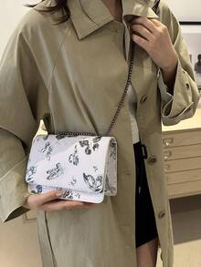 Mini Fashionable Chain Bow Flap Shoulder Bag, Crossbody Square Handbag For Women Valentines - Black - View 3