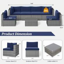 Revamped 7-Piece Modular Outdoor Wicker Sectional Set With Dark Grey Finish & Included Coffee Table For Porch, Balcony & Backyard - 藏蓝色 - 查看 4