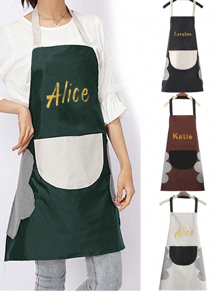 1 件定制手擦围裙防水防油个性定制名字 4 种字体图案北欧家居无袖厨房长袍男女居家工作服私人定制厨房烹饪手擦围裙防油防水烹饪清洁男女通用无袖围裙袋收纳储物女士幸福提升 - 彩色 - 查看 1