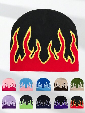 1 件女士时尚 Y2K 火焰提花无檐便帽，适合秋冬季休闲穿着