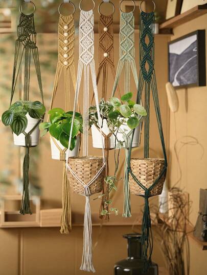 1 件手工制作的 Macrame 植物架，带流苏的植物吊架，植物吊架室内装饰，天花板植物吊架，现代波西米亚风格花盆架（不含花盆）
