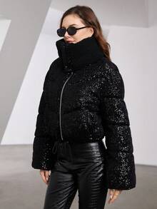 ZIAI High Quality Sequin Fur Trimmed Fashion Winter Warm Fur Hooded Women's Short Padded Coat - Black - View 4