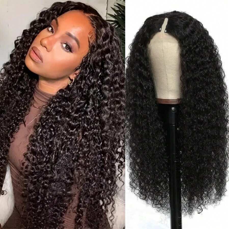 TAHIKIE Curly V Part Lace Wig Human Hair Curl Brazilian Virgin Human Hair Wigs For Women V Part Wig V Shaped No Leave Out Glueless 180% Density - Natural Black - Xem 1