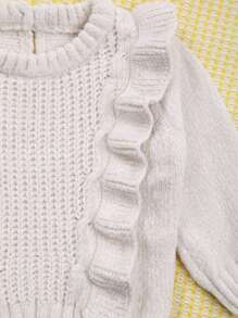Baby Girl Solid Color Ruffled Long Sleeve Warm Knit Sweater - White - View 5