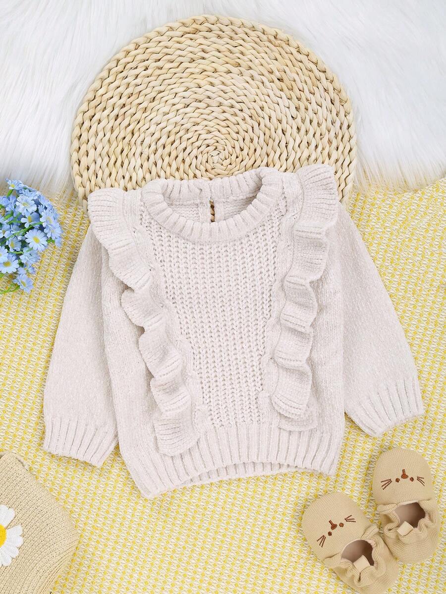 Baby Girl Solid Color Ruffled Long Sleeve Warm Knit Sweater - White - View 1