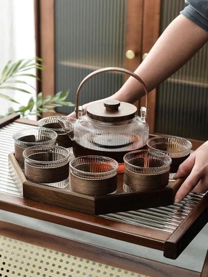 1 set högtemperaturbeständig borosilikatglas tekanna, tekopp och bricka med teinfusionsanordning, teseparation