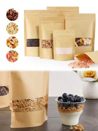 50 piezas - Bolsas de papel autosellantes, bolsas de almacenamiento con sello visual, bolsas de pie de kraft, bolsas resellables con ventanas mate y muescas, para almacenamiento de sobremesa, bolsas de regalo de fiesta de cumpleaños, embalaje de almacenamiento, bolsas de frutos secos para almacenamiento multiuso, adecuado para Halloween, Navidad, Acción de Gracias, suministros de otoño