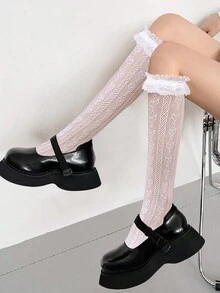 2 đôi tất ren cao đến đùi dành cho nữ, tất lưới màu đen trắng. - trắng - Xem 7