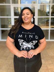 Plus Size Butterfly Print T-Shirt V-Neck GG G1 G2 G3, Lightweight Fabric, Great Fit And Comfort, Women's Blouse - màu đen - Xem 2