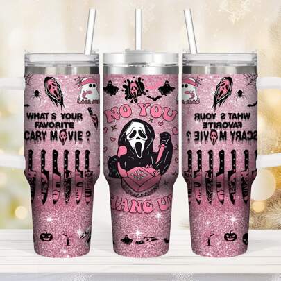 1 Piece 20oz Skull Ghost Pattern Ice Cup, Stainless Steel Vacuum Tumbler, Keeps Drinks Hot Or Cold, Cup Holder Friendly, Halloween Gift For Family And Friends