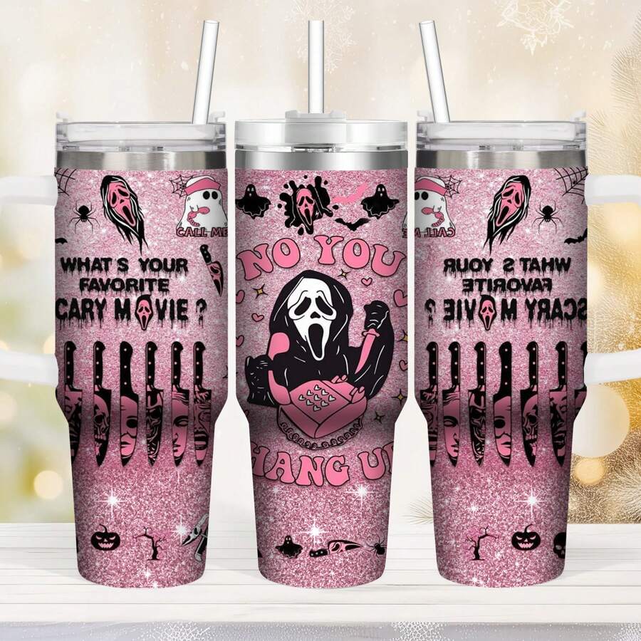 1 Piece 20oz Skull Ghost Pattern Ice Cup, Stainless Steel Vacuum Tumbler, Keeps Drinks Hot Or Cold, Cup Holder Friendly, Halloween Gift For Family And Friends - Pink - View 1