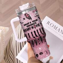 1 Piece 20oz Skull Ghost Pattern Ice Cup, Stainless Steel Vacuum Tumbler, Keeps Drinks Hot Or Cold, Cup Holder Friendly, Halloween Gift For Family And Friends - Pink - View 6