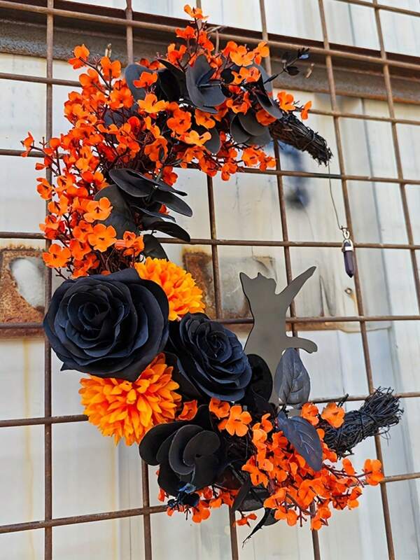 Americana Style Halloween Wreath 1PC - 13.77 Inch Black Cat Crescent Moon Door Hanging, Gothic Decor, Halloween Moon Decoration, No Feathers, Electricity-Free Use