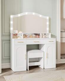 Hzuaneri Kaptafel met kruk, HD grote spiegel, 3 in kleur verstelbare LED-lampjes, met laadstation 2 stopcontacten en 2 USB-poorten, 3 laden en 2 opbergkasten, witgoud
