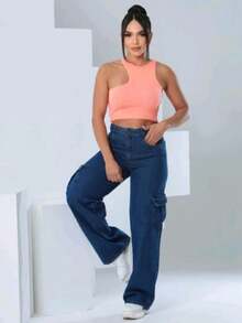 Women's Wide Leg Cargo Jeans - 中等水洗藍 - 查看 2