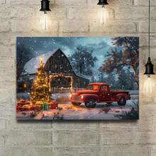 1pc Christmas Vintage Red Truck Canvas Art Printed Poster With Frame - Christmas Tree Gift Printed Canvas Poster - High Definition Modern Home Decoration For Living Room, Bedroom, Office - Blue - View 6