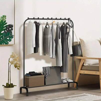 Heavy Duty Clothes Rail Garment Stand Drying Rack With Multi-Slip Bead Lower Storage Shelf Freestanding Metal Cloth Hanging For Bedroom (Black)