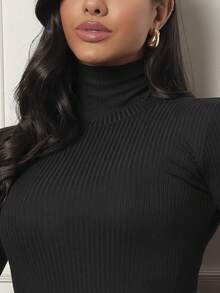 Women's Winter Midi Dress Long Sleeve High Neck With Slit Ribbed Casual Fashion Social - màu đen - Xem 5