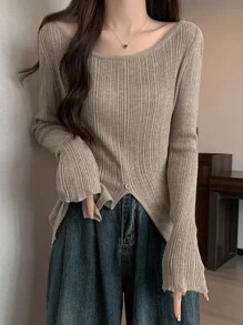 时尚性感露肩针织毛衣，收腰设计，侧开衩，女士款 - 咖啡棕 - 查看 4