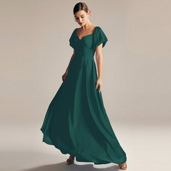 缎面泡泡袖软缎伴娘礼服，优雅连衣裙