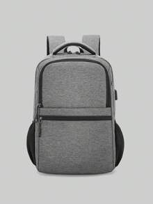 时尚男士纯色笔记本电脑背包，多功能大容量户外旅行功能背包，带 USB 充电端口的商务休闲通勤背包，适合初中、高中和大学生的校园书包 - 灰色 - 查看 7