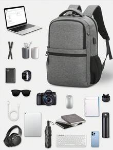 时尚男士纯色笔记本电脑背包，多功能大容量户外旅行功能背包，带 USB 充电端口的商务休闲通勤背包，适合初中、高中和大学生的校园书包 - 灰色 - 查看 6