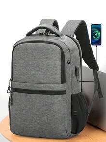 时尚男士纯色笔记本电脑背包，多功能大容量户外旅行功能背包，带 USB 充电端口的商务休闲通勤背包，适合初中、高中和大学生的校园书包 - 灰色 - 查看 2