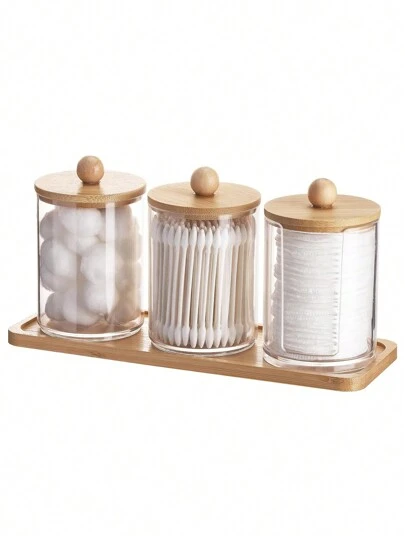 4pcs Bathroom Organizer Set (Includes Tray, 3 Acrylic Plastic Jars With Transparent Lids, 1 Bamboo Vanity Tray) - For Cotton Pads, Cotton Swabs, Suitable For Dorm