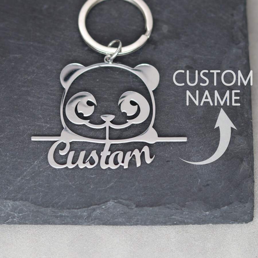 1 件定制不锈钢名字钥匙扣个性化动物熊猫吊坠钥匙扣男女铭牌钥匙圈珠宝礼物