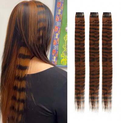 3 adet/takım Sentetik Saç Klipsli Uzatma, Uzun Düz Renkli Zebra Tüyü Tasarımı, Kadınlar İçin, Cadılar Bayramı Kostümü, Günlük Giyim, Parti