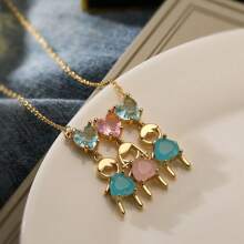 1pc European & American Minimalist Copper Plated Heart Zirconia Couple Pendant Necklace Set Valentines,Mom,Mother,Mother's Day,Gift - Gold - View 10