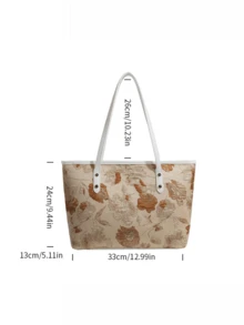 1pc PU Leather Embroidered Quilted Floral Decor Tote Bag, Large Capacity Zipper Closure, Suitable For Daily Use And Gift Giving - Brown - View 5