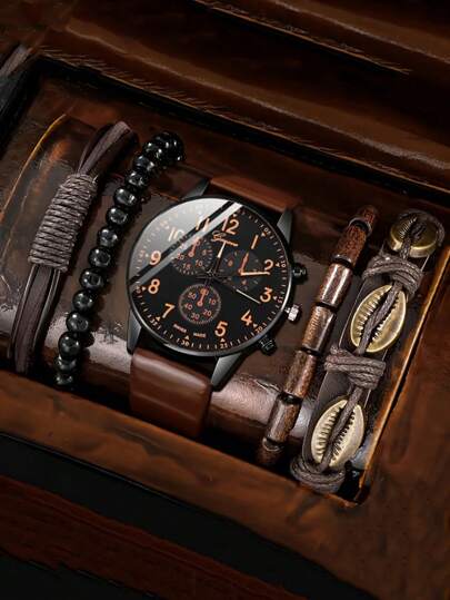 男士休闲时尚石英表和串珠手链套装和 PU 皮革手链，耐用、时尚前卫的设计，是送给他的完美礼物